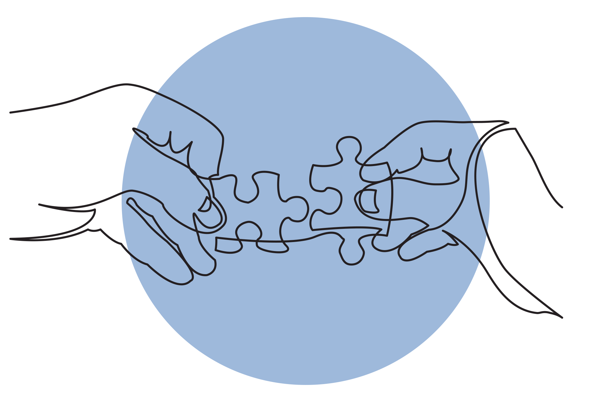 Line drawing of two hands joining two jigsaw pieces on a blue background